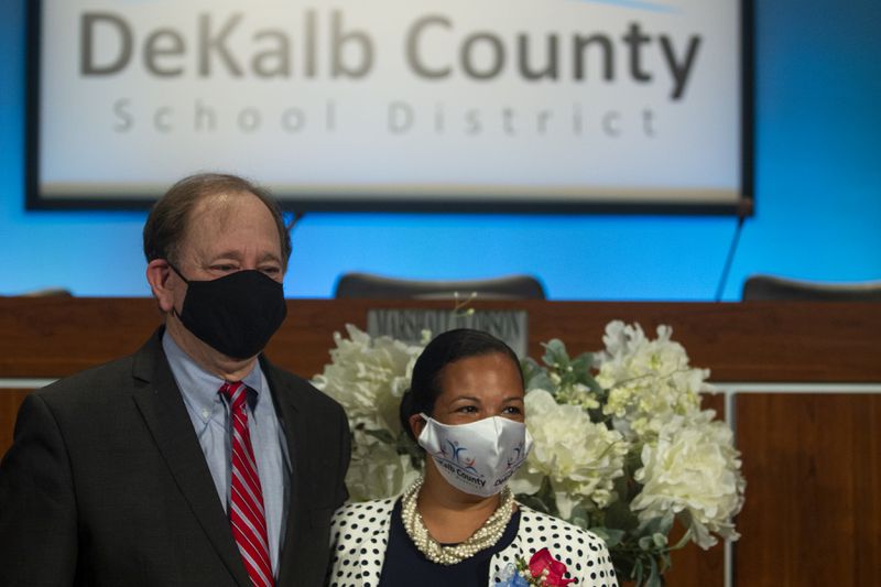 DeKalb County School District superintendent Cheryl Watson-Harris, right, poses for a photo with DeKalb County School District board member Marshall Orson after her installment ceremony in 2020. On Tuesday, the board fired Watson-Harris. Orson wasn't present for the vote, but said later he would have opposed the measure. (REBECCA WRIGHT FOR THE ATLANTA JOURNAL-CONSTITUTION)