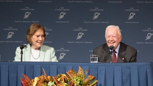 President Jimmy Carter and Rosalynn Carter talk about the future of The Carter Center and their global work during a town hall, Tuesday, Sept. 17, 2019, in Atlanta. BRANDEN CAMP/SPECIAL
