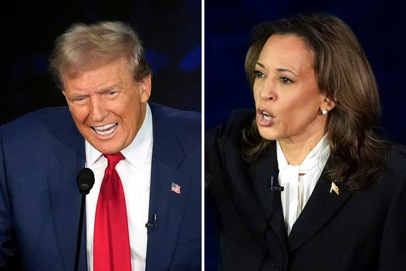 This combination of photos shows Republican presidential nominee former President Donald Trump, left, and Democratic presidential nominee Vice President Kamala Harris during an ABC News presidential debate at the National Constitution Center, Tuesday, Sept. 10, 2024, in Philadelphia. (AP Photo/Alex Brandon)