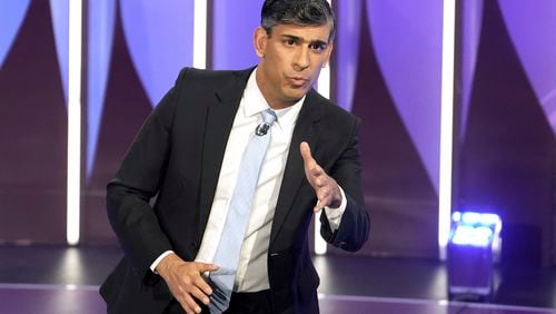 British Prime Minister Rishi Sunak speaks during a BBC Question Time Leaders' Special in York, England, Thursday June 20, 2024. (Stefan Rousseau/PA via AP, Pool)