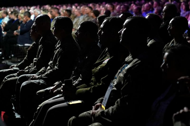 Attendees listen as Republican presidential nominee former President Donald Trump speaks at the National Guard Association of the United States' 146th General Conference, Monday, Aug. 26, 2024, in Detroit. (AP Photo/Carolyn Kaster)