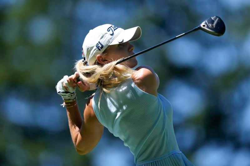 Nataliya Guseva tees off on the 11th hole during the first round of the Women's PGA Championship golf tournament at Sahalee Country Club, Thursday, June 20, 2024, in Sammamish, Wash. (AP Photo/Gerald Herbert)