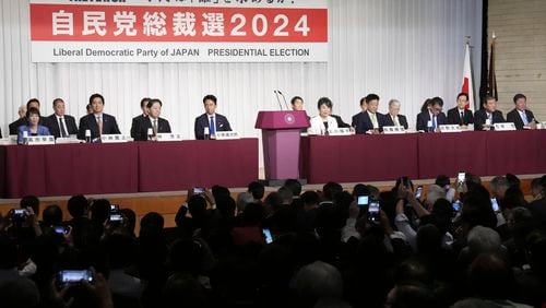 The candidates of the ruling Liberal Democratic Party for the party's upcoming presidential election attend the meeting of their speeches at the party's headquarters in Tokyo, Japan Thursday, Sept.12, 2024. Candidates are front row from from left, Economic Security Minister Sanae Takaichi, former Economic Security Minister Takayuki Kobayashi, Chief Cabinet Secretary Yoshimasa Hayashi, former Environment Minister Shinjiro Koizumi, Foreign Minister Yoko Kamikawa, former Chief Cabinet Secretary Katsunobu Kato, Digital Minister Taro Kono, former Defense Minister Shigeru Ishiba and Liberal Democratic Party’s Secretary General Toshimitsu Motegi at the party’s headquarters n Tokyo, Japan Thursday, Sept. 12, 2024. (Kyodo News via AP)