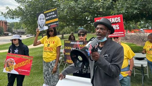 Joseph Amrine, who was exonerated two decades ago after spending years on death row, speaks at a rally to support Missouri death row inmates Marcellus Williams on Wednesday, Aug. 21, 2024, in Clayton, Mo. (AP Photo/Jim Salter)