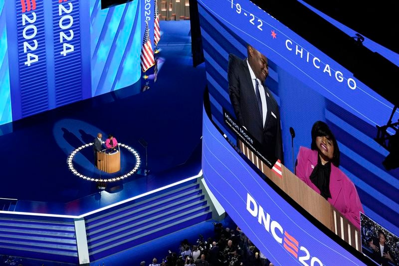 Minyon Moore, chair of the 2024 Democratic National Convention Committee, speaks during the Democratic National Convention Monday, Aug. 19, 2024, in Chicago. (AP Photo/Morry Gash)