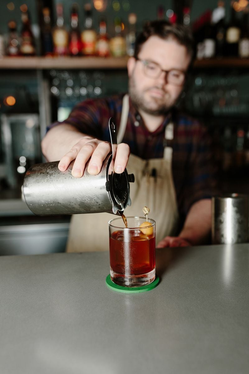 David Chapman of Aziza mixes sherry, pommeau de Normandie, and amaro Abano into his Applewood. Courtesy of Sterling Graves