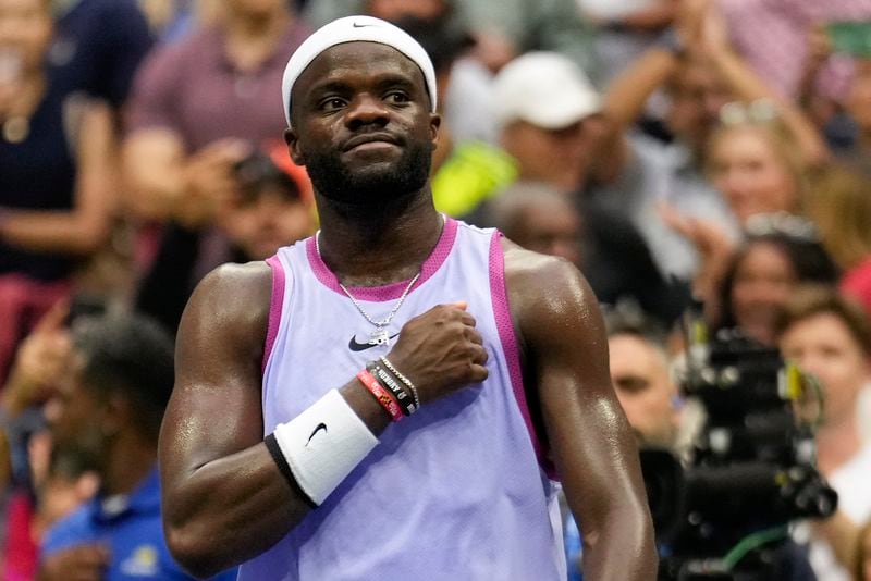 Frances Tiafoe, of the United States, reacts after defeating Ben Shelton, of the United States, during the third round of the U.S. Open tennis championships, Friday, Aug. 30, 2024, in New York. (AP Photo/Seth Wenig)