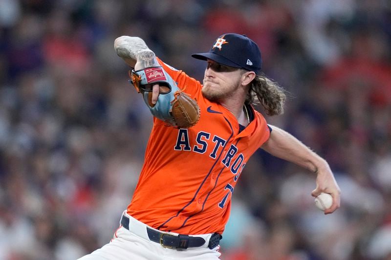 Houston Astros' Josh Hader throws to the Detroit Tigers in the eighth inning of Game 2 of an AL Wild Card Series baseball game Wednesday, Oct. 2, 2024, in Houston. (AP Photo/Kevin M. Cox)