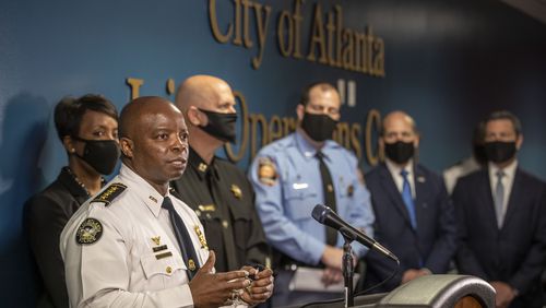 03/17/2021 —Atlanta, Georgia — Atlanta Police Department interim Chief Rodney Bryant makes remarks during a press conference at the Atlanta Police Department Headquarters in Atlanta, Wednesday, March 17, 2021.  A 21-year-old man from Woodstock, who was captured in South Georgia on Tuesday night, is the suspect in three metro Atlanta massage parlor shootings that left eight people dead, authorities said. Robert Aaron Long was first identified as the suspect in the shooting at Young’s Asian Massage Parlor in Cherokee County that left four people dead and one person injured, according to the sheriff’s office. He is also a suspect in two more shootings at similar businesses in northeast Atlanta that resulted in four more deaths, according to a sheriff’s office spokesman.
Six of the eight victims were Asian women, authorities said. (Alyssa Pointer / Alyssa.Pointer@ajc.com)