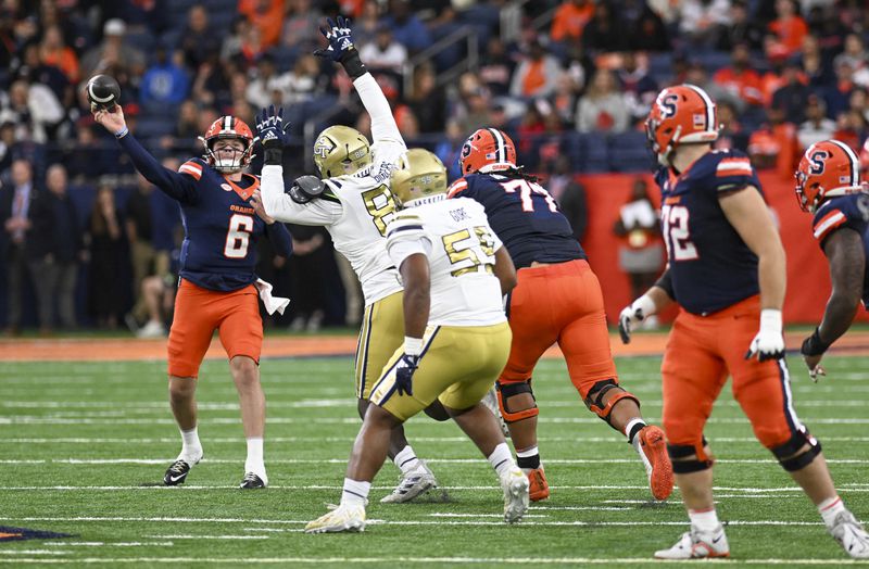 Syracuse quarterback Kyle McCord (6) throws the ball against Georgia Tech during the first half of an NCAA football game on Saturday, Sept. 7, 2024 in Syracuse, N.Y. Syracuse won 31-28. (AP Photo/Hans Pennink)