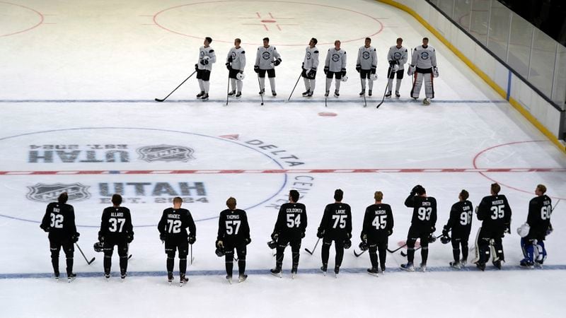 FILE - The Utah Hockey Club development camp intrasquad is introduced before their scrimmage at the Delta Center, Friday, July 5, 2024, in Salt Lake City. (AP Photo/Rick Bowmer, File)