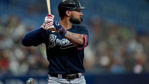 Atlanta's Kevin Pillar plays against the Rays during a Grapefruit League game in St. Petersburg, Florida. Pillar, who likely will make the opening-day roster, has given the Braves some depth in the outfield. (AP Photo/Chris O'Meara)