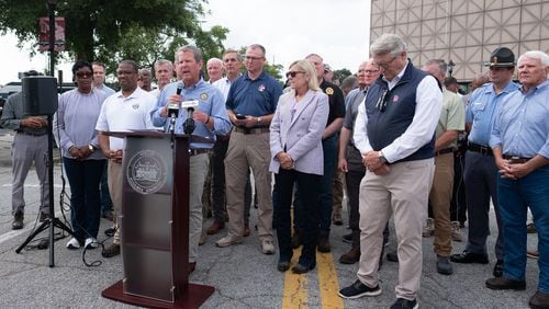 Georgia Gov. Brian Kemp addresses the media on the latest progress of the Helene Hurricane cleanup at the James Brown Arena in Augusta on Sept. 30, 2024. (Mike Adams for the AJC)