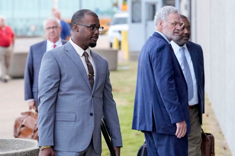 Former Memphis police officer Justin Smith arrives at the federal courthouse before the start of jury selection of the trial in the Tyre Nichols case Monday, Sept. 9, 2024, in Memphis. (AP Photo/George Walker IV)