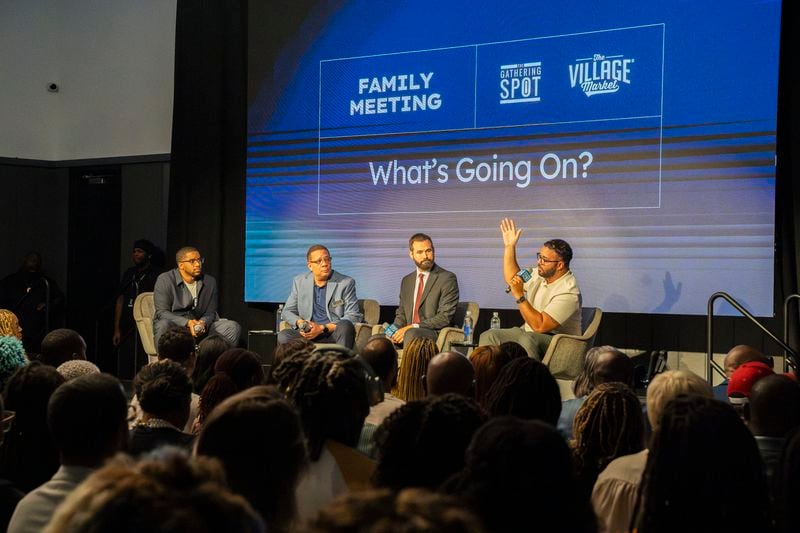 Ray Pennie (second left), Noah Downer (center), and Dr. Alex Camardelle speak on a panel for Black business owners at The Gathering Spot in Atlanta on Tuesday, Aug. 27, 2024. (Olivia Bowdoin for the AJC).