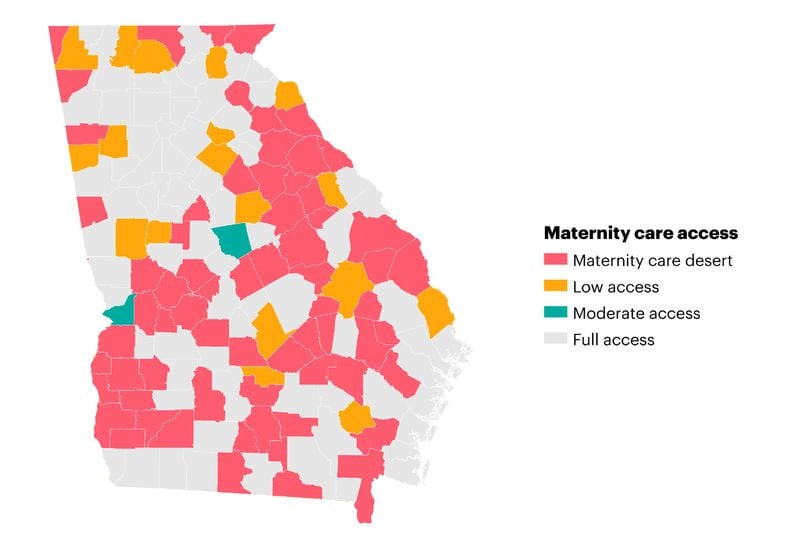 According to the March of Dimes, about 42% of Georgia counties are designated as maternity care deserts, meaning they lack maternity care resources such as hospitals or birth centers offering obstetric care and may also have no obstetric providers.