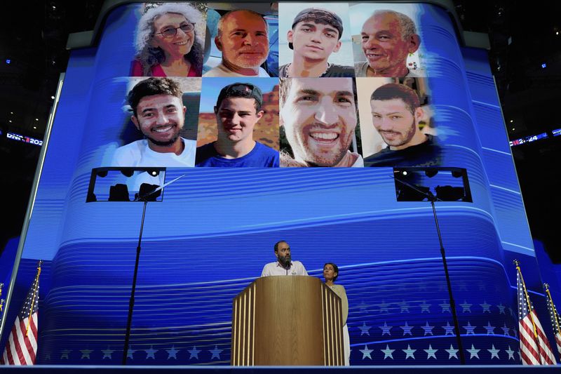 Jon Polin and Rachel Goldberg, parents of hostage Hersh Goldberg-Polin speaks during the Democratic National Convention Wednesday, Aug. 21, 2024, in Chicago. (AP Photo/Erin Hooley)