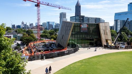 An aerial view of the Center for Civil and Human Rights in Atlanta undergoing construction on Thursday, July 11, 2024. (Seeger Gray / AJC)