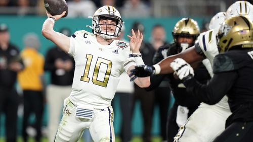 FILE - Georgia Tech quarterback Haynes King (10) throws a pass against Central Florida during the second half of the Gasparilla Bowl NCAA college football game Friday, Dec. 22, 2023, in Tampa, Fla. (AP Photo/Chris O'Meara, File)