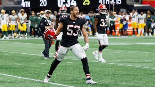 Atlanta Falcons linebacker Nate Landman races after the Falcons took possession of the ball in the last seconds of the game. The Falcons rallied from behind to beat the Green Bay Packers 25-24 at Mercedes-Benz Stadium on Sunday, Sept. 17, 2023, in Atlanta.  Miguel Martinz/miguel.martinezjimenez@ajc.com