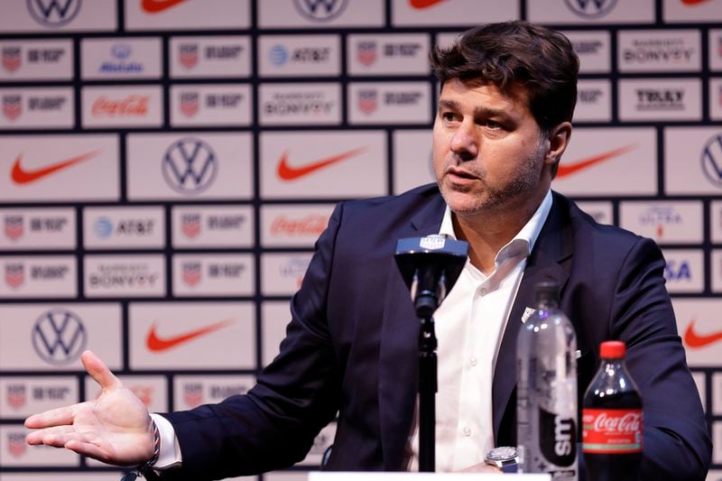 Mauricio Pochettino, the newly appointed head coach of the United States men's national soccer team, speaks at a press conference Friday, Sept. 13, 2024, in New York. (AP Photo/Adam Hunger)