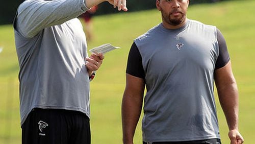 FILE PHOTO -- 110801 Flowery Branch - Offensive tackle Tyson Clabo, left, and offensive guard Justin Blalock, right, who just signed a contract with the Falcons, watch practice but are not yet able to participate while players run through the first padded practice at training camp in Flowery Branch on Monday, August 1, 2011. Curtis Compton ccompton@ajc.com FILE PHOTO -- 110801 Flowery Branch - Offensive tackle Tyson Clabo, left, and offensive guard Justin Blalock, right, who just signed a contract with the Falcons, watch practice but are not yet able to participate while players run through the first padded practice at training camp in Flowery Branch on Monday, August 1, 2011. Curtis Compton ccompton@ajc.com