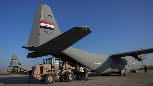 FILE - Iraqi security forces prepare for loading humanitarian aid from Red Crescent for Palestinians in Gaza, before its departure from a military airbase near Baghdad International Airport in Baghdad, Iraq, Jan. 24, 2024. (AP Photo/Hadi Mizban, File)