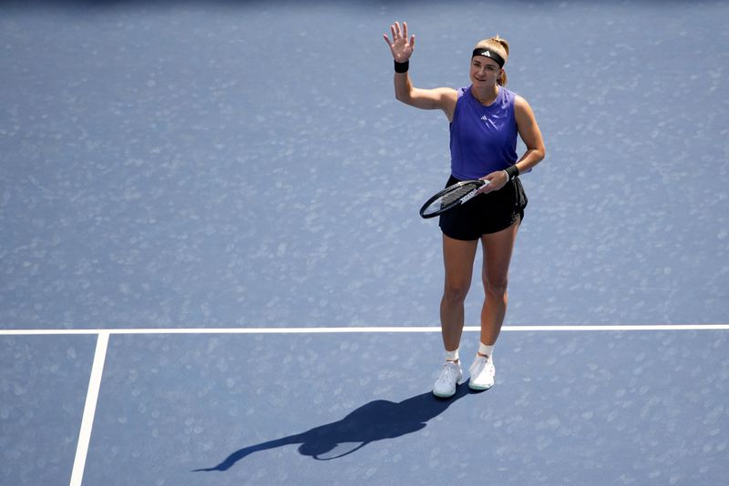 Karolina Muchova, of the Czech Republic, waves to the crowd after defeating Beatriz Haddad Maia, of Brazil, during the quarterfinals of the U.S. Open tennis championships, Wednesday, Sept. 4, 2024, in New York. (AP Photo/Pamela Smith)