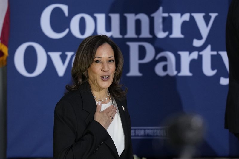 Democratic presidential nominee Vice President Kamala Harris gestures as she departs after speaking at a campaign rally at Ripon College, Thursday, Oct. 3, 2024, in Ripon, Wis. (AP Photo/Charlie Neibergall)