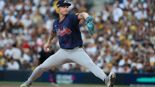 Atlanta Braves pitcher AJ Smith-Shawver (32) delivers to the San Diego Padres during the first inning of the National League Division Series Wild Card Game One at Petco Park in San Diego on Tuesday, Oct. 1, 2024.   (Jason Getz / Jason.Getz@ajc.com)