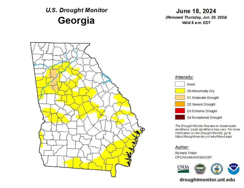 The U.S. Drought Monitor released on June 20, 2024 shows an expansion of abnormally dry conditions and some moderate drought developing in Georgia.