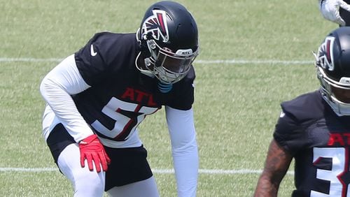 Falcons linebacker Brandon Copeland loosen up during OTAs Tuesday, May 25, 2021, in Flowery Branch. (Curtis Compton / Curtis.Compton@ajc.com)