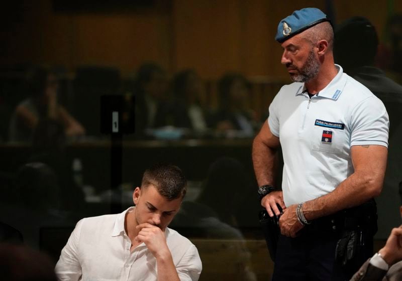 Gabriel Natale Hjorth attends a hearing for the appeals trial in which he is facing murder charges for killing Italian Carabinieri paramilitary police officer Mario Cerciello Rega, in Rome, Wednesday, July 3, 2024. The two American men face a new trial in the slaying of an Italian plainclothes police officer during a botched sting operation after Italy's highest court threw out their convictions. (AP Photo/ Alessandra Tarantino)