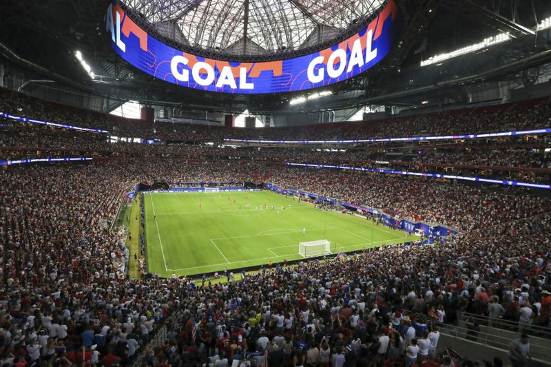 "Goal" is shown on the halo board after U.S. forward Folarin Balogun scored against Panama during the second half of a Copa América 2024 Group C soccer match Thursday, June 27, 2024, in Atlanta. (Miguel Martinez//Atlanta Journal-Constitution via AP)