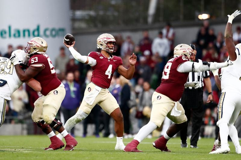 Florida's DJ Uiagalelei throws the ball during the NCAA college football game between Georgia Tech and Florida State at the Aviva stadium in Dublin, Saturday, Aug. 24, 2024. (AP Photo/Peter Morrison)