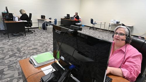 April 30, 2021 Dallas - Paulding schools online English teacher Laura Buffington (foreground) and math teachers Barbara Miller (left) and Angela Haxton teach their students online at Paulding Virtual Academy in Dallas on Friday, April 30, 2021. (Hyosub Shin / Hyosub.Shin@ajc.com)