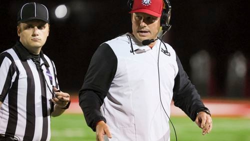 North Gwinnett head coach Eric Godfree on the sideline during the second half against Peachtree Ridge at North Gwinnett high school, Friday, October 13, 2023, in Suwanee, Ga. (Jason Getz / Jason.Getz@ajc.com)