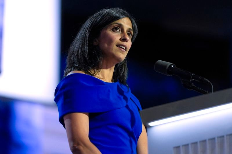 FILE - Usha Vance speaks during the Republican National Convention, July 17, 2024, in Milwaukee. (AP Photo/Julia Nikhinson, File)