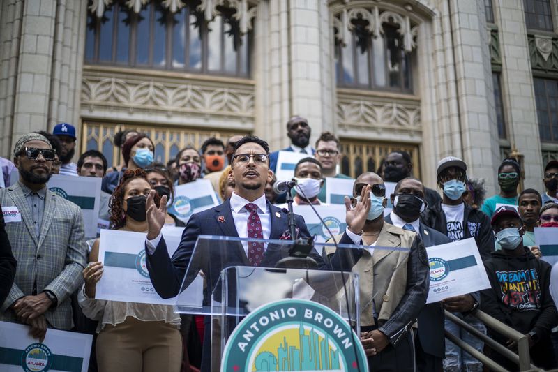 Atlanta City Councilman Antonio Brown speaks during a press conference outside of Atlanta City Hall on Friday, May 14, 2021 in which he announced he is running for mayor. (Alyssa Pointer / Alyssa.Pointer@ajc.com)