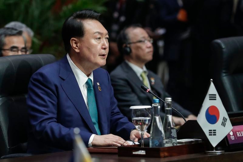 FILE - South Korean President Yoon Suk Yeol delivers his remarks during the Association of the Southeast Asian Nations (ASEAN) Plus Three Summit in Jakarta, Indonesia, Sept. 6, 2023. (Adi Weda/Pool Photo via AP, File)