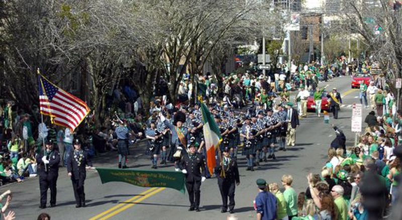 Members of the Rockland County Pipe and Drum Band from New York march through Savannah's streets.