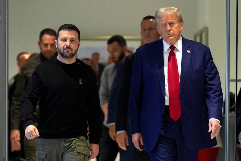 Republican presidential nominee former President Donald Trump meets with Ukraine's President Volodymyr Zelenskyy at Trump Tower, Friday, Sept. 27, 2024, in New York. (AP Photo/Julia Demaree Nikhinson)