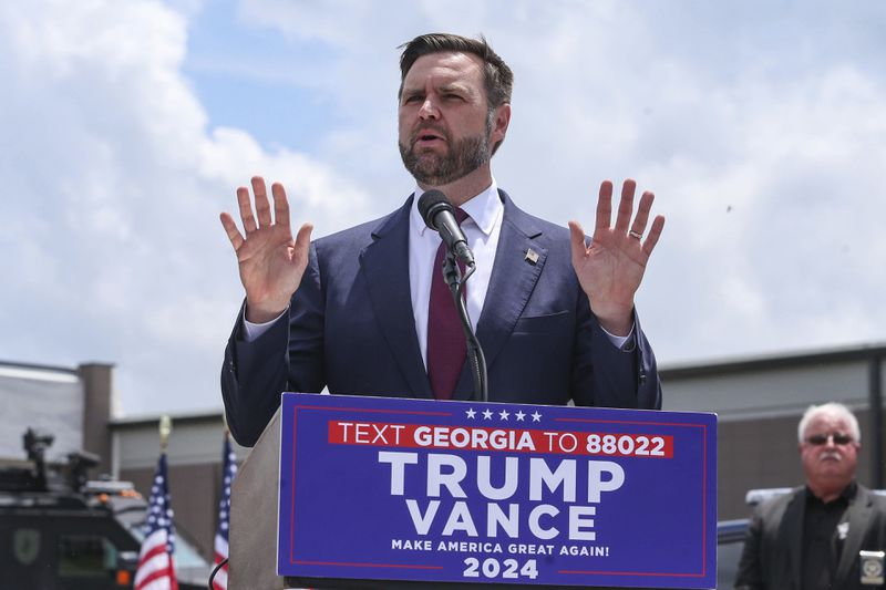 Republican vice presidential nominee Sen. JD Vance, R-Ohio, speaks at a campaign rally at the Lowndes County Sheriff's Office, Thursday, Aug. 22, 2024, in Valdosta, Ga. (AP Photo/Gary McCullough)