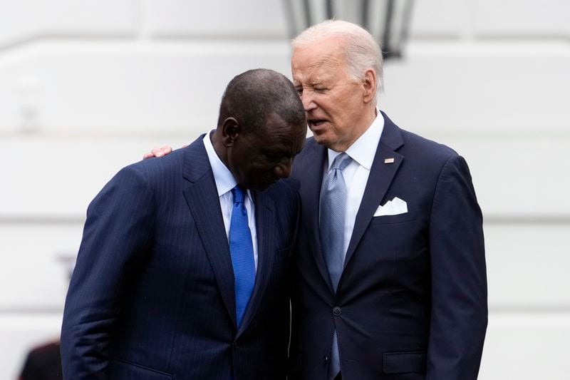 President Joe Biden and Kenya's President William Ruto speak during a State Arrival Ceremony on the South Lawn of the White House in Washington, Thursday, May 23, 2024. (AP Photo/Susan Walsh)