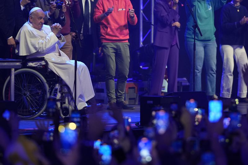 Pope Francis attends the Hope Happening youth festival at the Brussels Expo, Belgium, Saturday, Sept. 28, 2024, on the third day of his four-day visit to Luxembourg and Belgium. (AP Photo/Andrew Medichini)