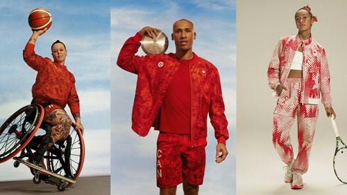 This image released by Lululemon shows Canadian Olympic athletes, from left, Cindy Ouellet, Damian Warner and Leylah Fernandez. (Lululemon via AP)