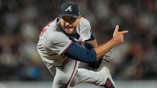 Atlanta Braves pitcher Charlie Morton follows through on a pitch that struck out San Francisco Giants' Mike Yastrzemski during the sixth inning of a baseball game in San Francisco, Tuesday, Aug. 13, 2024. (AP Photo/Jeff Chiu)