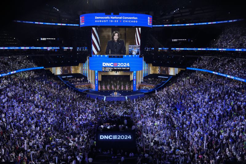 Demoratic presidential nominee Vice President Kamala Harris speaks during the Democratic National Convention Thursday, Aug. 22, 2024, in Chicago. (AP Photo/J. Scott Applewhite)