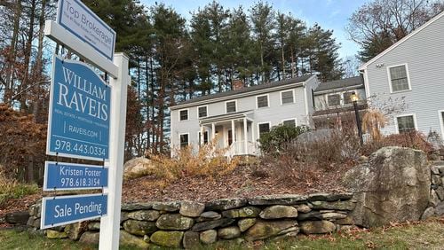 FILE - A sale pending sign is displayed in front of a home in Sudbury, Mass. on Saturday, Dec. 2, 2023. (AP Photo/Peter Morgan, File)