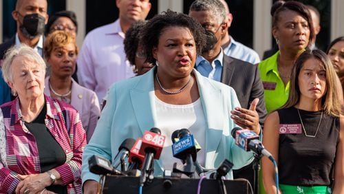 Democratic gubernatorial nominee Stacey Abrams holds a press conference Wednesday about abortion following a federal appeals court ruling that allowed Georgia’s restrictive abortion law to take place. (Arvin Temkar / arvin.temkar@ajc.com)